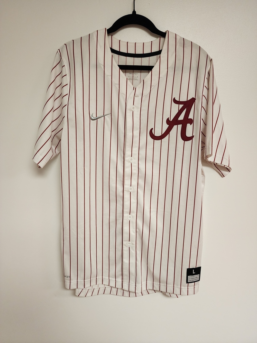Nike Alabama Crimson Pinstripe Baseball Jersey - White/Crimson
